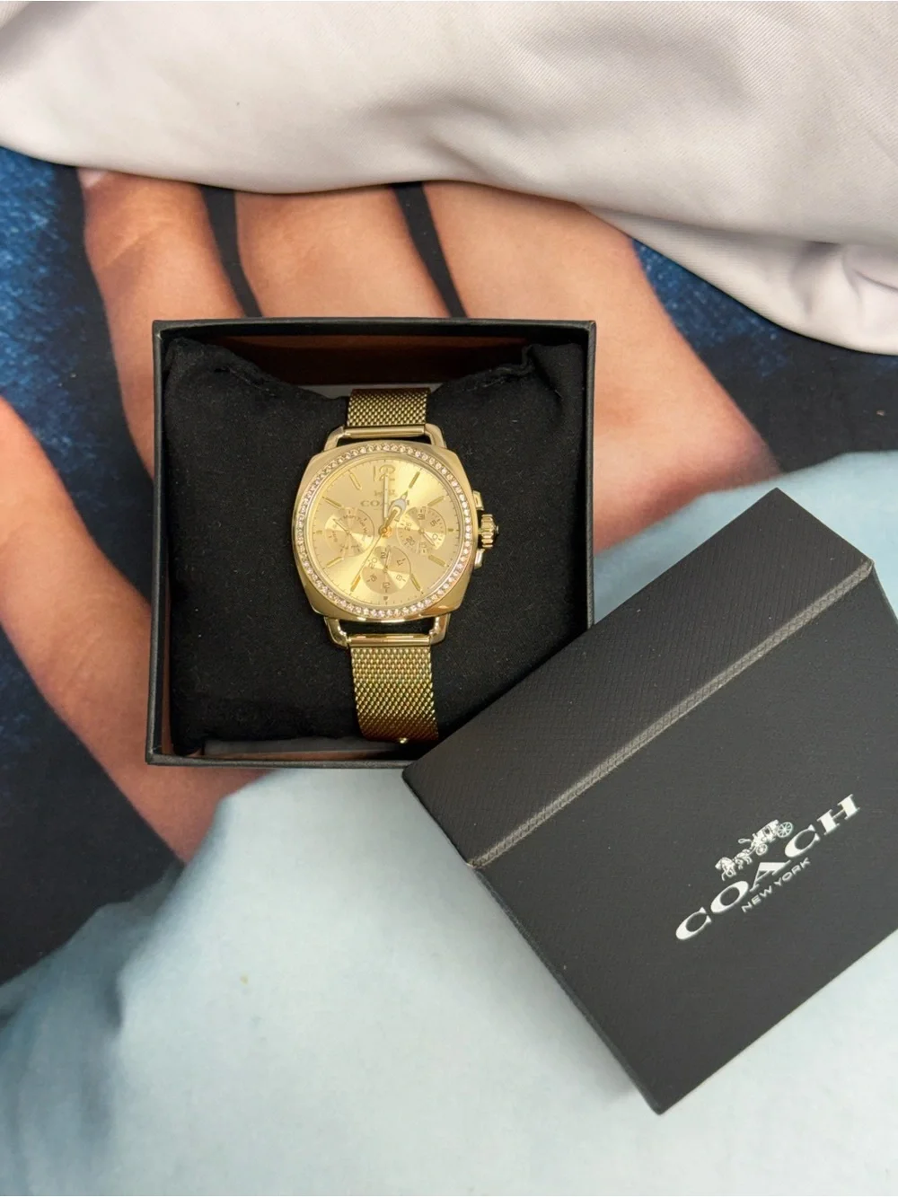 (new+tag) COACH Women Chronograph Gold Watch Metal Strap Bracelet Diamond Bezel